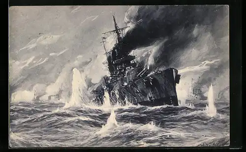 Künstler-AK Willy Stoewer: Engl. Schlachtkreuzer im Salvenfeuer dt. Kreuzer, Seegefecht in der Nordsee 1915