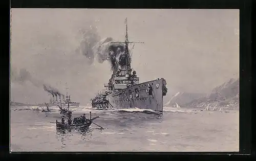 Künstler-AK Willy Stoewer: Kriegsschiff S.M. Panzerkreuzer Göben und Breslau verlassen Messina
