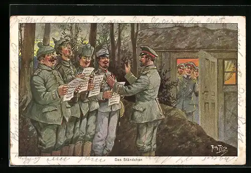 Künstler-AK Arthur Thiele: Soldaten beim Ständchen, bei Nacht