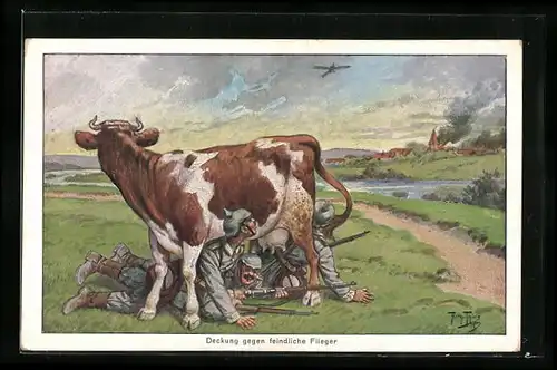 Künstler-AK Arthur Thiele: Deckung gegen feindliche Flieger, Soldaten liegen unter einer Kuh