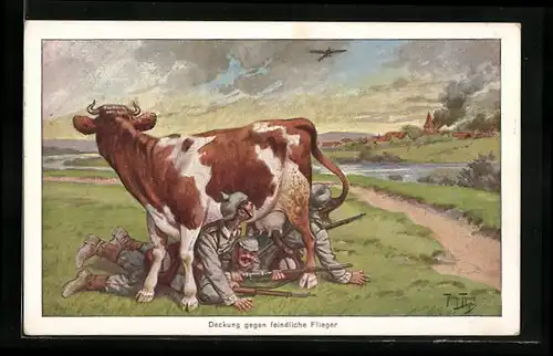 Künstler-AK Arthur Thiele: Deckung gegen feindliche Flieger, Soldaten unter einer Kuh