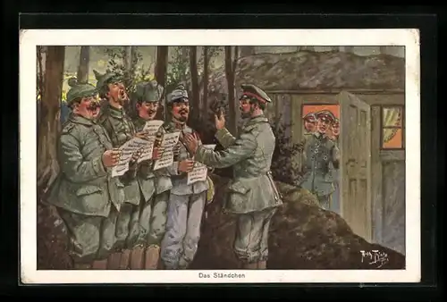 Künstler-AK Arthur Thiele: Soldaten beim Ständchen, bei Nacht