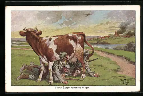 Künstler-AK Arthur Thiele: Deckung gegen feindliche Flieger, Soldaten suchen Schutz unter einer Kuh