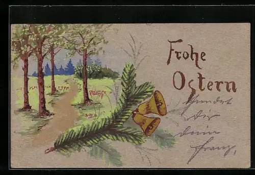 Künstler-AK Handgemalt: Weg zwischen Bäumen und Wiesen, Frohe Ostern, Glückwunsch