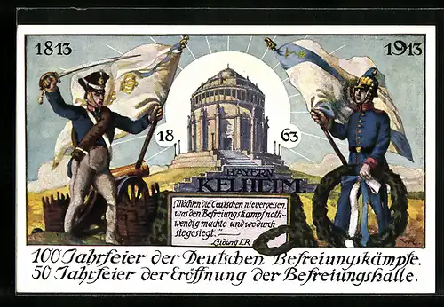 AK Kelheim, 50 Jahre Eröffnung d. Befreiungshalle & 100 Jahre Befreiungskriege 1813-1913, Soldaten