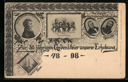 AK Idstedt, Zur fünfzigjährigen Gedenkfeier unserer Erhebung, 1848-1898, Denkmal, Portrait von Bellmann, Revolution 1848