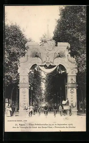 AK Agen, Fetes Présidentielles 1906, Arc de Triomphe du Canal des Deux-Mers, Promenade du Gravier