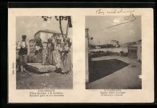 AK Salonique, Romani girls at the fountain, St. Georg`s Church