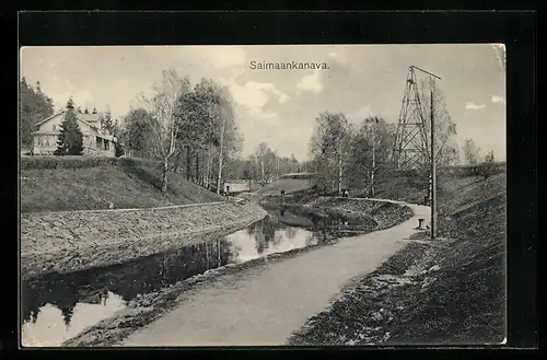 AK Saimaankanava, Haus, Stommast und Brücke an einem Gewässer