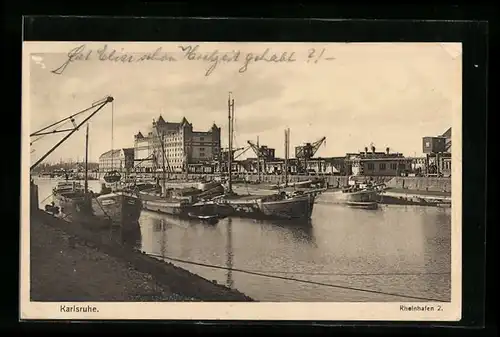 AK Karlsruhe i. B., Rheinhafen mit Schiffen und Gebäuden