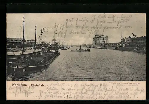 AK Karlsruhe i. B., Rheinhafen mit Frachtern und Gebäuden
