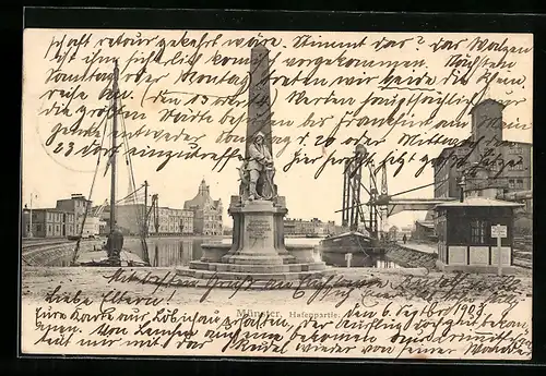 AK Münster i. W., Hafenpartie mit Denkmal