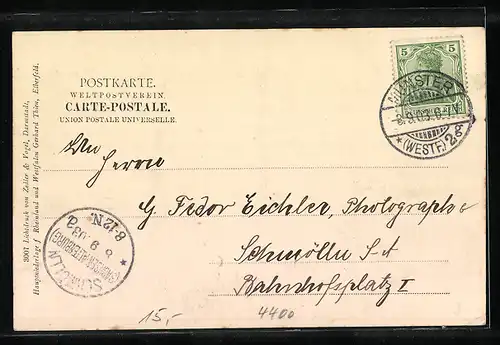 AK Münster i. W., Hafenpartie mit Denkmal