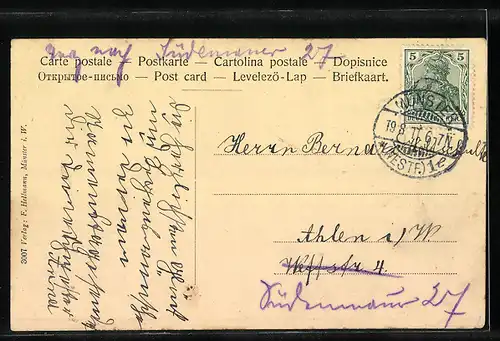 AK Münster i. W., Partie im Hafen mit Denkmal