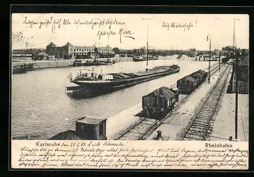 AK Karlsruhe, Rheinhafen mit Güterwaggons und Frachter