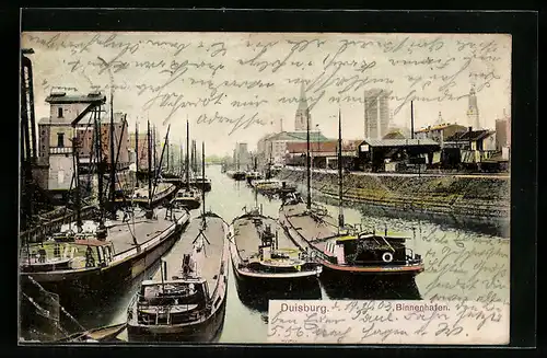 AK Duisburg, Binnenhafen mit Stadtpanorama