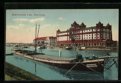 AK Karlsruhe, Frachtschiff Winschermann & Cie., Mühlheim-Ruhr Nr. 25, Speicher, Rheinhafen