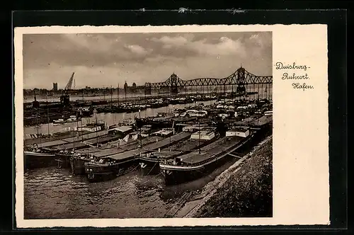 AK Duisburg-Ruhrort, Hafen mit Brücke aus der Vogelschau