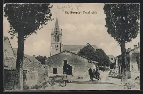 AK St. Souplet, Ortspartie mit Kutsche und Kirche