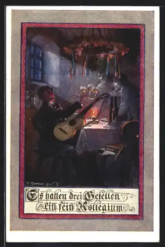 Künstler-AK F. Gareis: Mann mit Gitarre bei Kerzenlicht