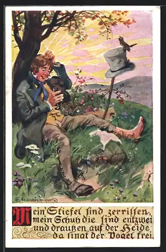 Künstler-AK F. Gareis: Mann mit zerrissenem Schuh