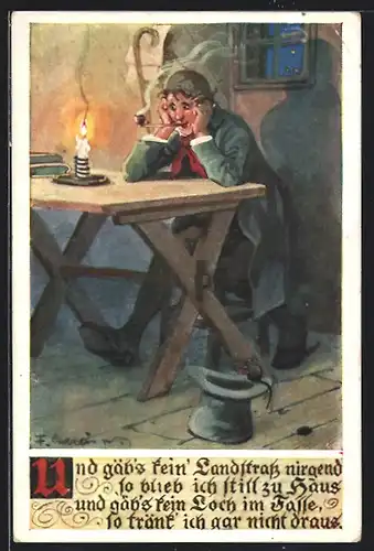 Künstler-AK F. Gareis: Mann sitzt mit seiner Pfeife in einem Lokal