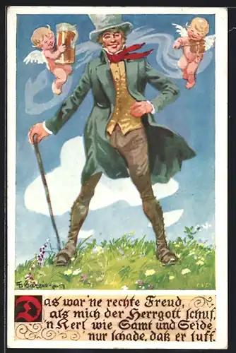 Künstler-AK F. Gareis: Wien, Mariahilferstrasse 98, Wanderer mit Engeln, Geige und Bier