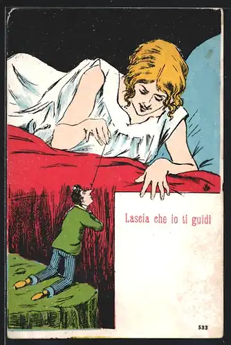 AK Junge Frau mit kniendem Winzling an der Angel