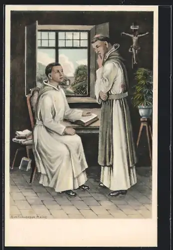 AK Mönch und Novize eines Trappisten-Klosters, Unterricht in der heiligen Regel, Religion