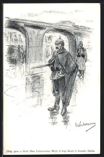 Künstler-AK Max Liebermann: Soldat mit Pickelhaube und Gewehr auf der Strasse
