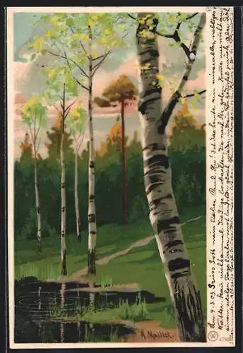 Künstler-AK Alfred Mailick: See im Wald mit Birken