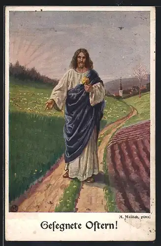 Künstler-AK Alfred Mailick: Jesus mit Blumensträusschen - Ostergruss
