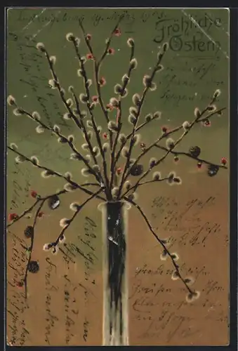 Künstler-AK Alfred Mailick: Fröhliche Ostern, Weidenkätzchen im Glas