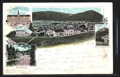 Lithographie Friedrichroda, Neues Kurhaus, Schloss Reinhardsbrunn, Ortsansicht