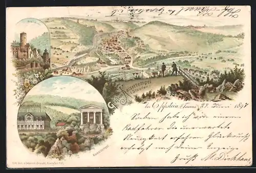 Lithographie Eppstein / Taunus, Kaisertempel, Burg Eppstein, Stadtpanorama