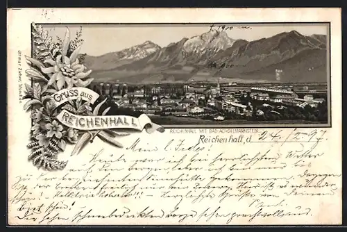 Lithographie Reichenhall, Ortsansicht mit Bad Achselmannstein