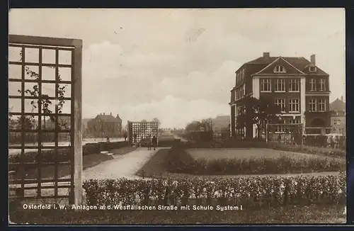 AK Osterfeld i. W., Anlagen a. d. Westfälischen Strasse mit Schule System 1