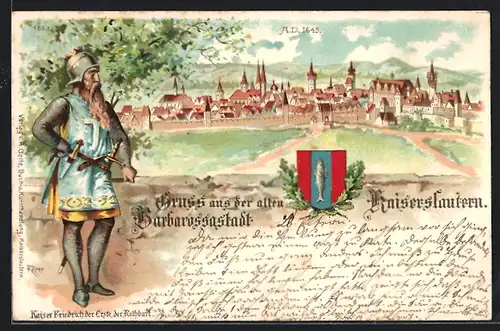 Künstler-Lithographie Kaiserslautern, Ansicht der Stadt Anno 1645, Kaiser Friedrich I. Rotbart, Wappen