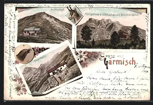 Lithographie Garmisch, Krottenkopf, Königshaus a.d. Schachen mit Dreithorspitze, Knorrhütte