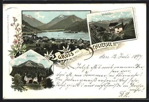Lithographie Schliersee, Wendelstein, Birkenstein und Ortspanorama