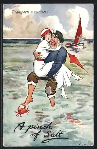 Künstler-AK Transports maritimes!, Kapitän trägt Dame durchs Meer