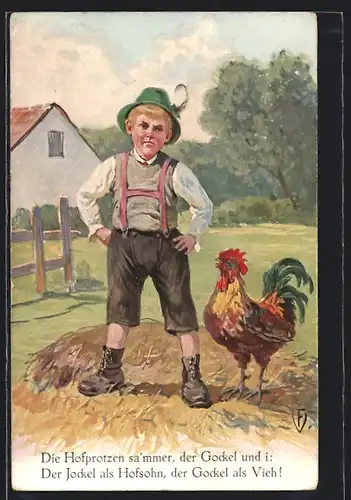 AK Scherz, Junge steht neben einem Gockel auf einem Strohhaufen