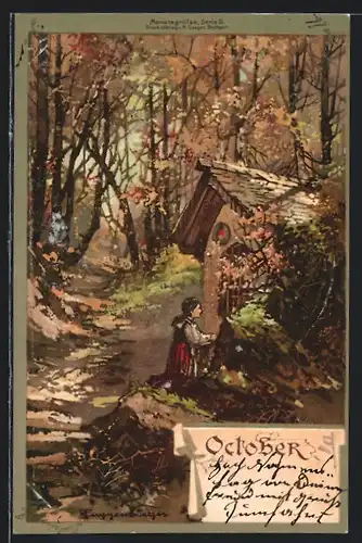 Künstler-AK Theodor Guggenberger: Allegorische Darstellung des Monats Oktober, Waldkapelle mit Greisin