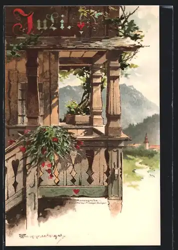 Künstler-AK T.Guggenberger: Juli, Blick durch den Balkon mit Blumen