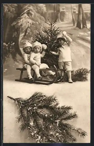 AK Kinder mit Schlitten im Winter