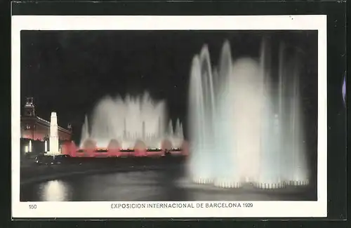 AK Barcelona, Exposcion Internacional 1929, beleuchtete Wasserfontänen