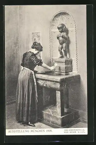 AK München, Ausstellung 1908, Dame am Brunnenbuberl
