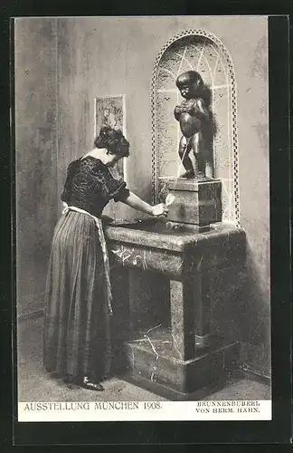 AK München, Ausstellung 1908, Dame am Brunnenbuberl