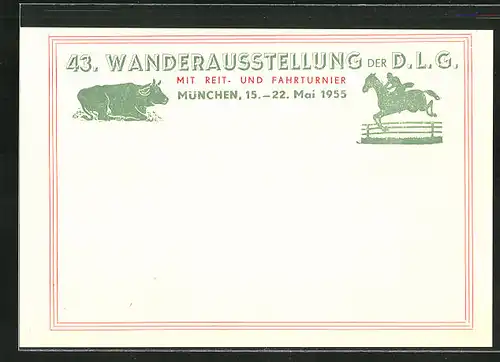 Künstler-AK München, 43. Wanderausstellung der D. L. G. mit Reit- und Fahrturnier 1955, Springreiter, Rind