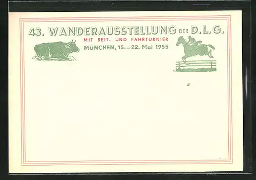 Künstler-AK München, 43. Wanderausstellung der D. L. G. mit Reit- und Fahrturnier 1955, Springreiter, Rind